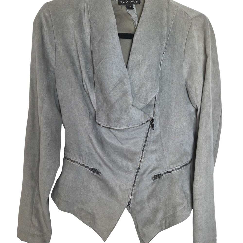 Rampage Faux Suede Moto Jacket Womens S Gray Asymmetrical Zip Drape Front